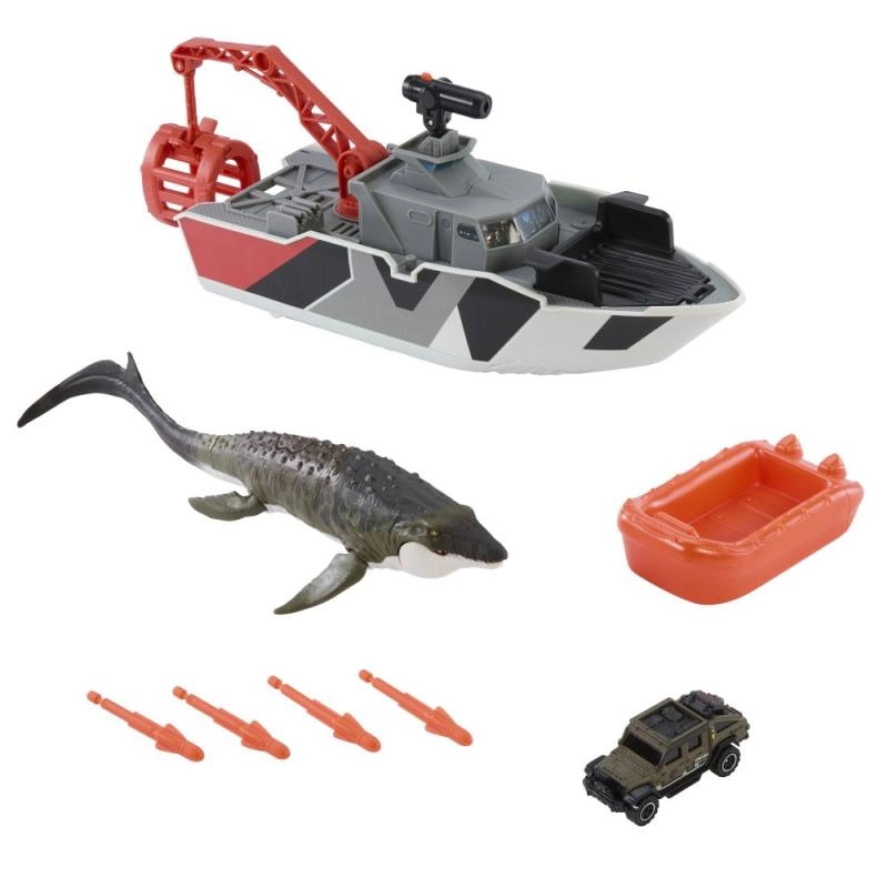 Matchbox Jurský svět záchranný člun s mosasaurem a jeepem