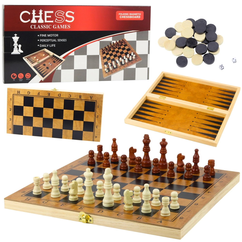 Dřevěná stolní hra 3v1 – šachy, dáma a BACKGAMMON