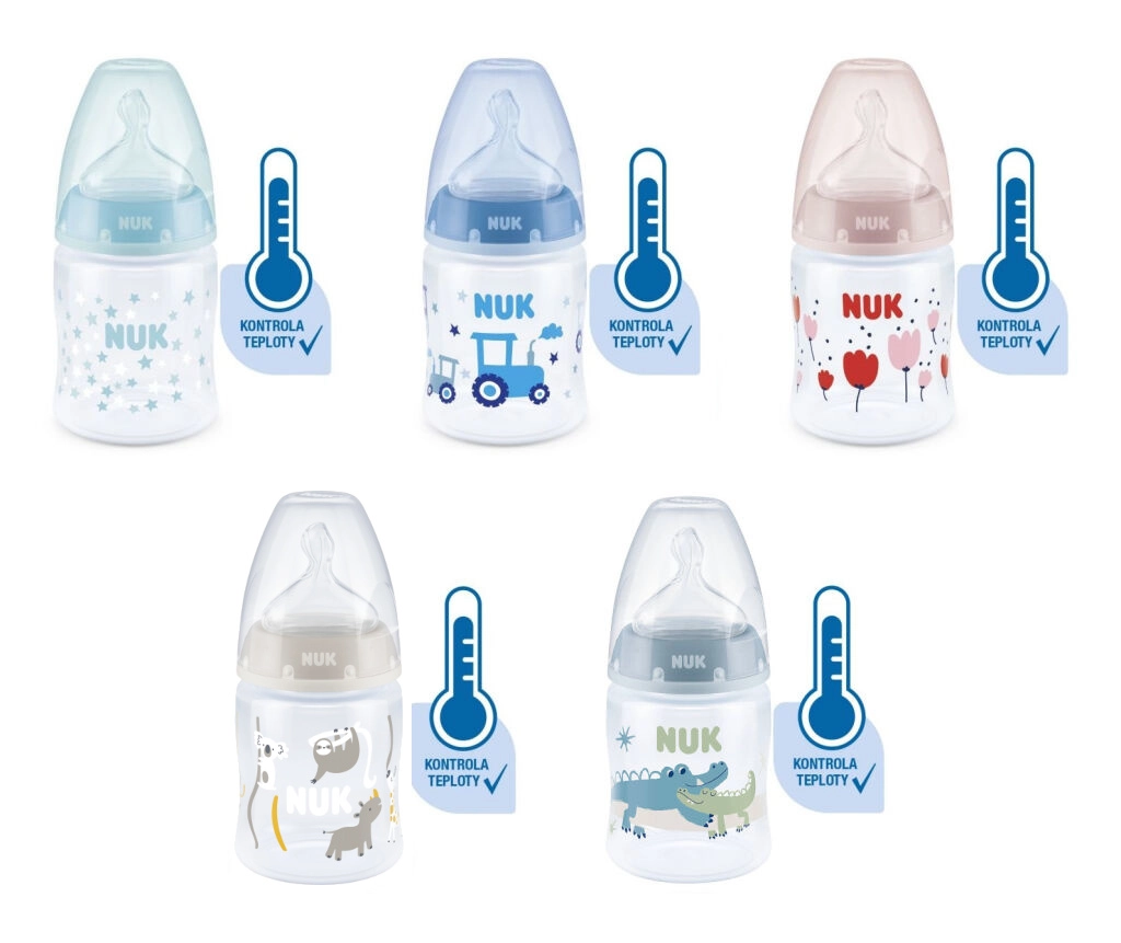 NUK FC Plus láhev s kontrolou teploty 150ml 1ks modrošedá s krokodýlem