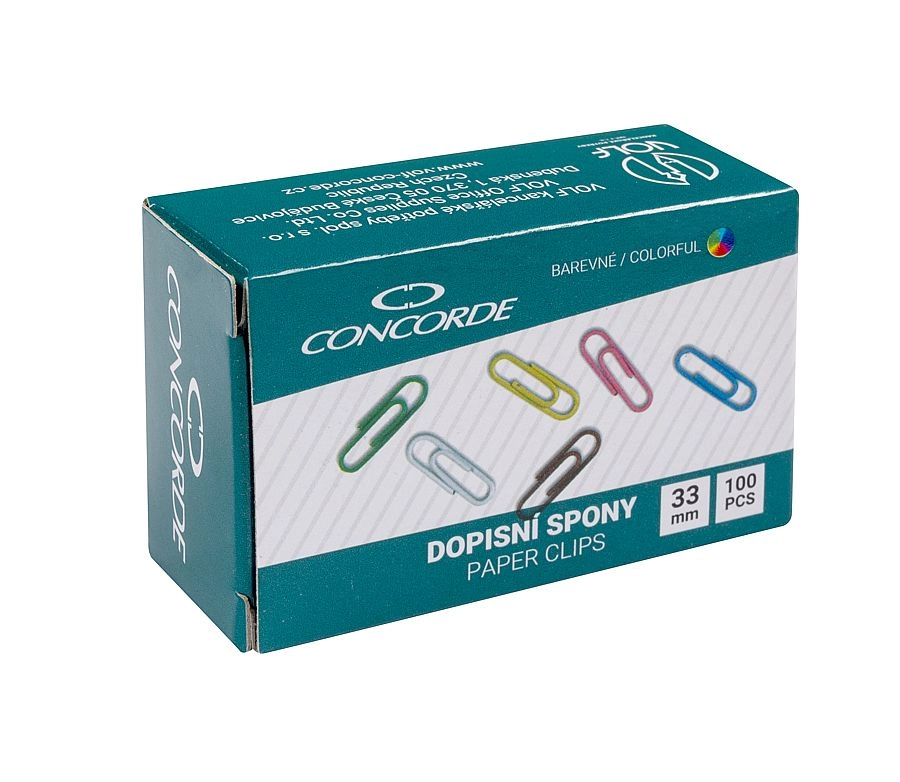 Dopisní spony CONCORDE 33mm, 100 ks, barevné CONCORDE