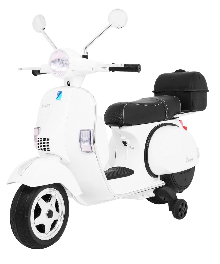 Levně Dětský elektrický skútr Vespa bílý s pomocnými kolečky, audiem a ekokůží