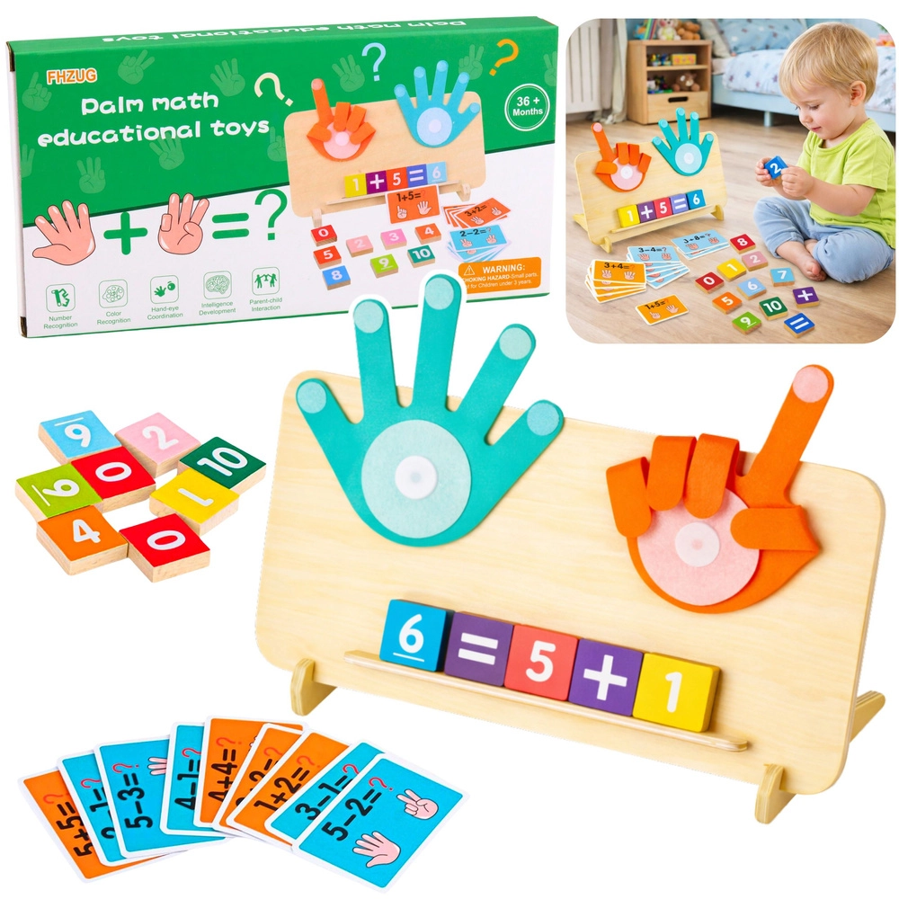 Dřevěná matematická skládačka na prstech s kartami a číslicemi