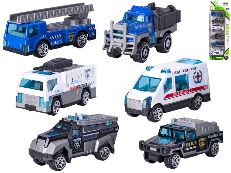 Sada policejních kovových autíček 7 cm, 6 ks
