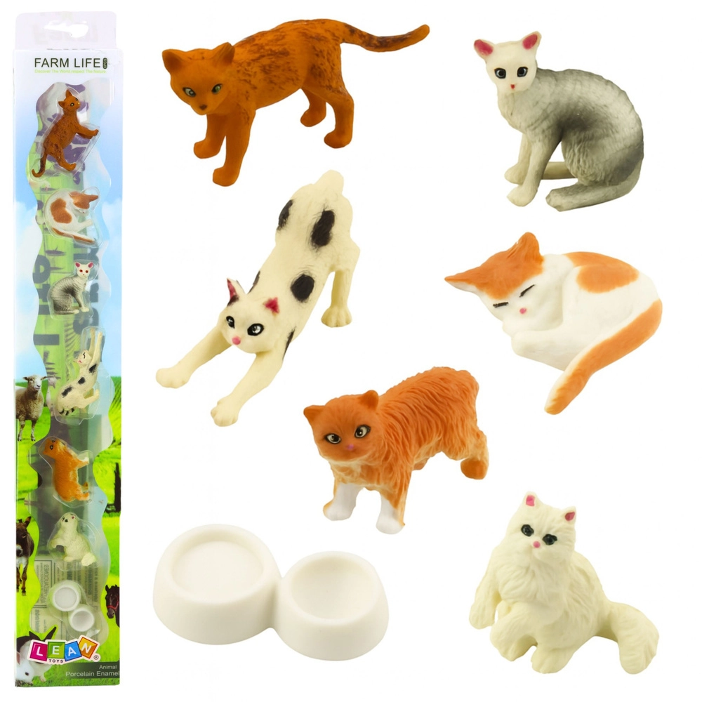 Sada mini figurek koček s miskou na krmení