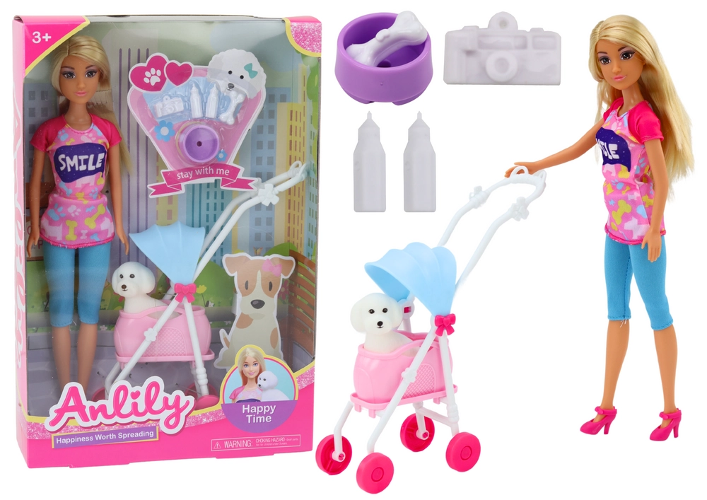 LEAN Toys Anlily s pejskem v kočárku lahve miska kostní přístroj