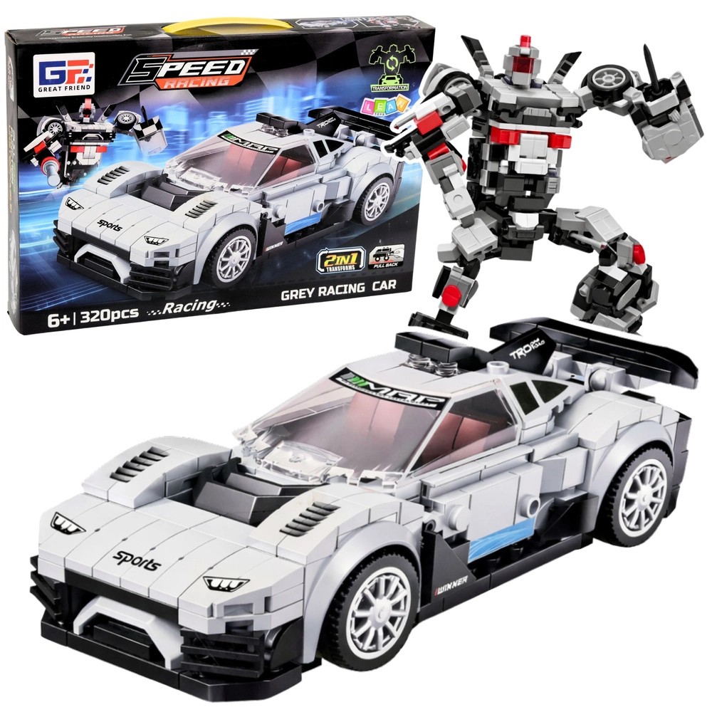 Stavebnice 2v1 závodní auto a robot, 320 dílků, bílá