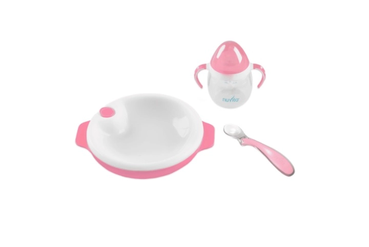 NUVITA Set termotalířku s silikonovou lžičkou a hrnečkem Pastel pink