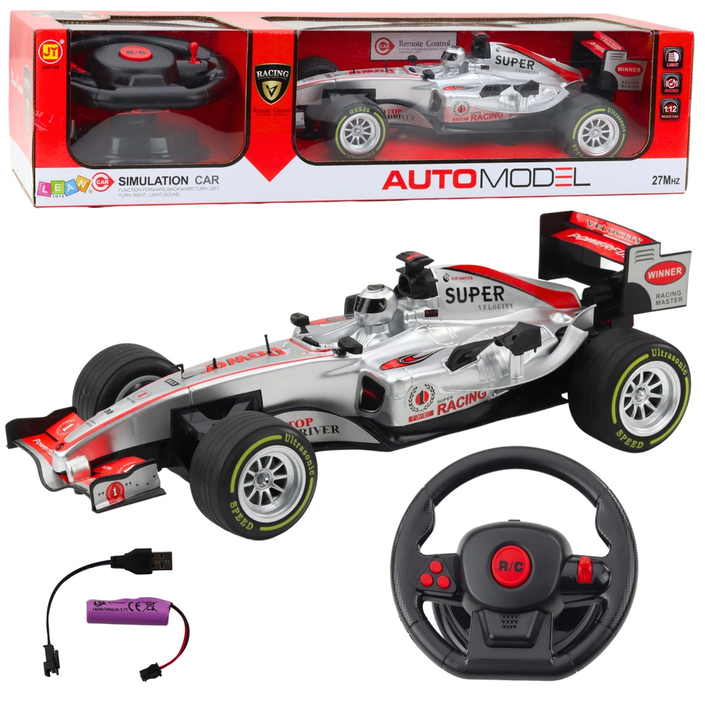 Závodní auto RC 1:12 s dálkovým ovládáním, světly a zvuky - Stříbrná