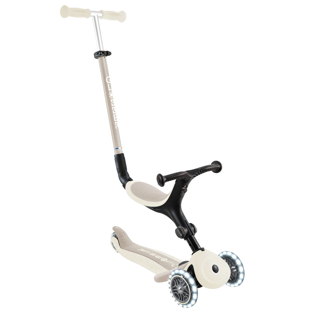 Globber go up active lights ecologic 3v1 koloběžka s odnímatelným sedátkem kokosová