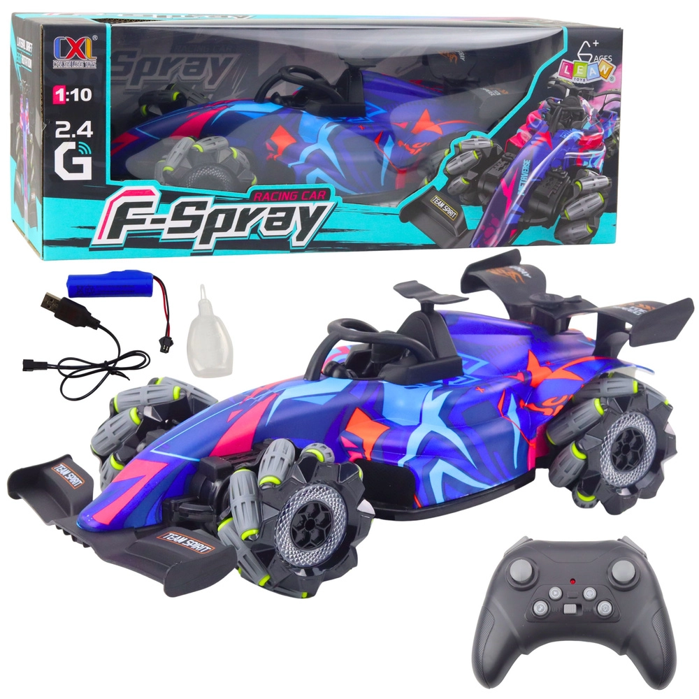 Rc závodní auto 1:10 s efektem páry, světly a ovládáním 2.4 GHz – modré