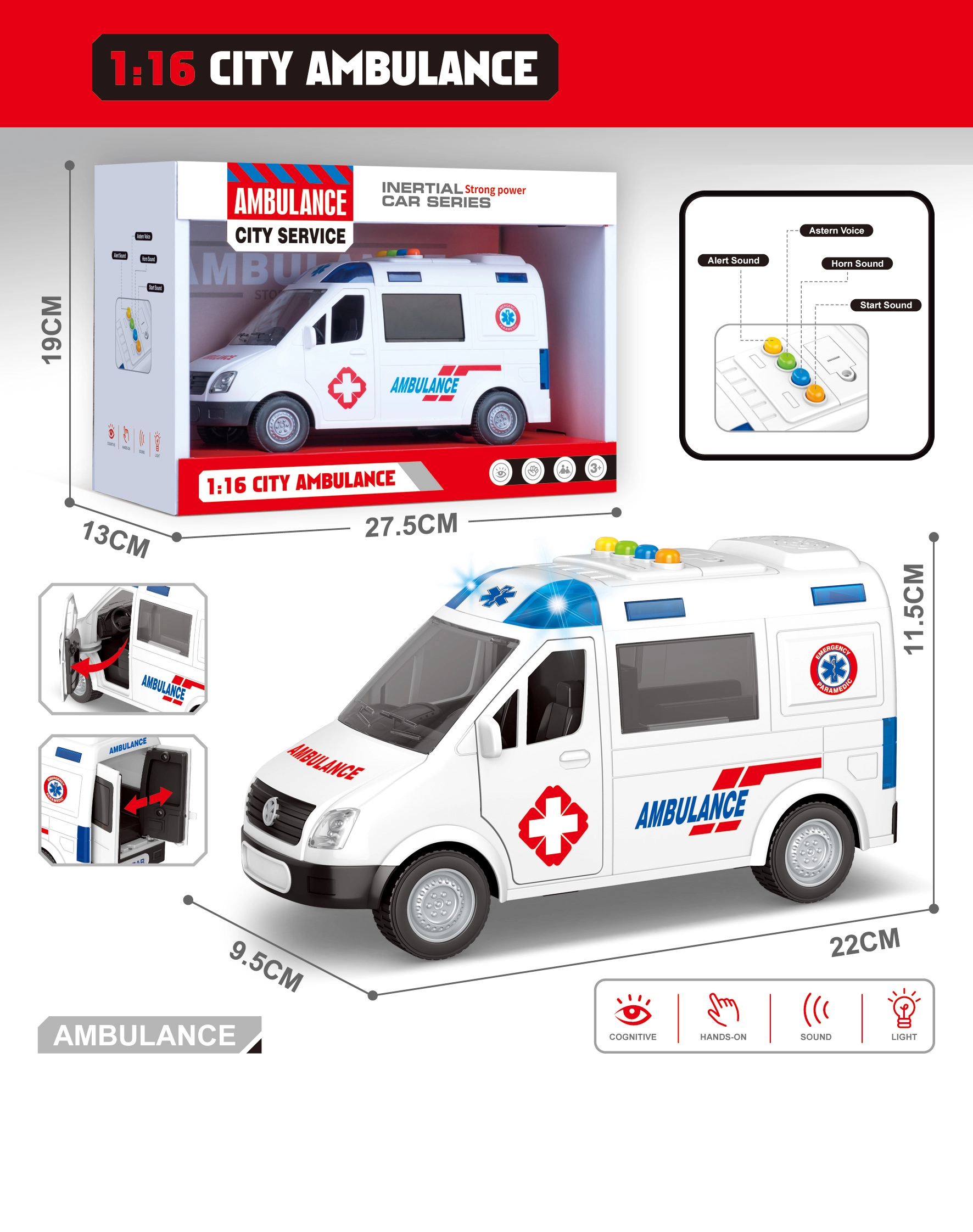 Hasičská sanitka na baterie se světlem a zvukem 1:16