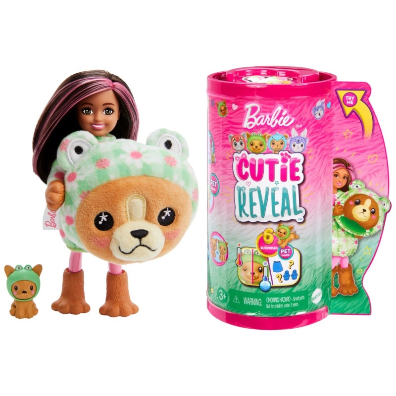 Levně Barbie Cutie Reveal Chelsea v kostýmu pejsek v zeleném kostýmu žabky HRK27