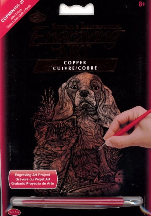 Měděný škrabací obrázek pes a kočka