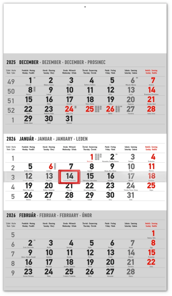NOTIQUE Nástenný kalendár 3-mesačný štandard sivý – so slovenskými menami 2026, 29,5 x 43 cm Presco Group