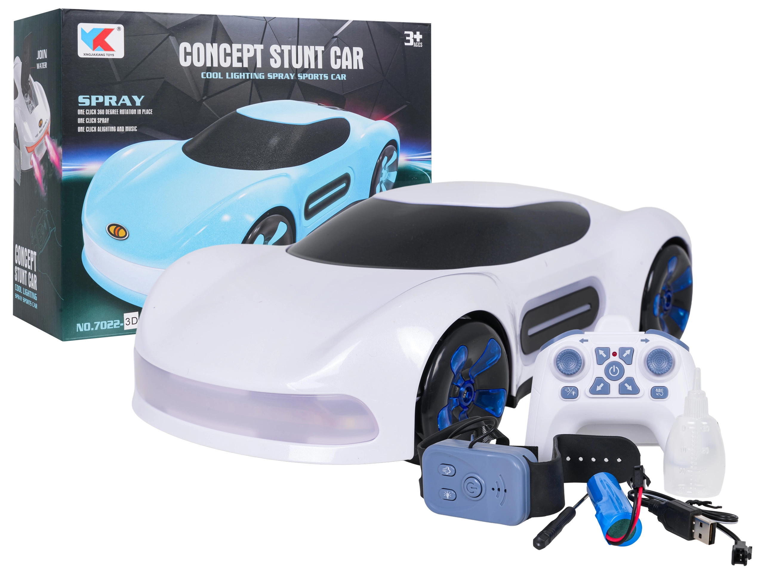 RC auto s kouřovým efektem a ovládáním ovladačem i hodinkami – bílé