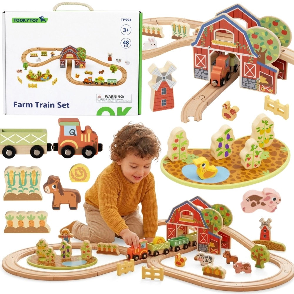 Levně Dřevěná vláčkodráha farma 48 dílů Tooky Toy