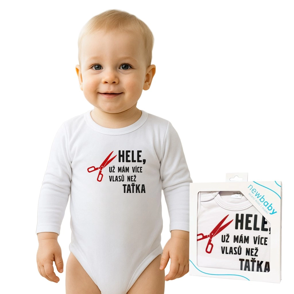 Kojenecké body s potiskem New Baby – víc vlasů než taťka, dárkové balení