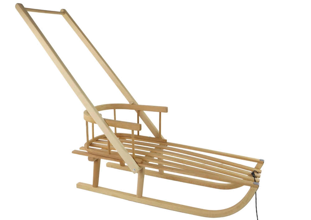 Dřevěné sáně s opěrkou a tlačnou rukojetí, velké