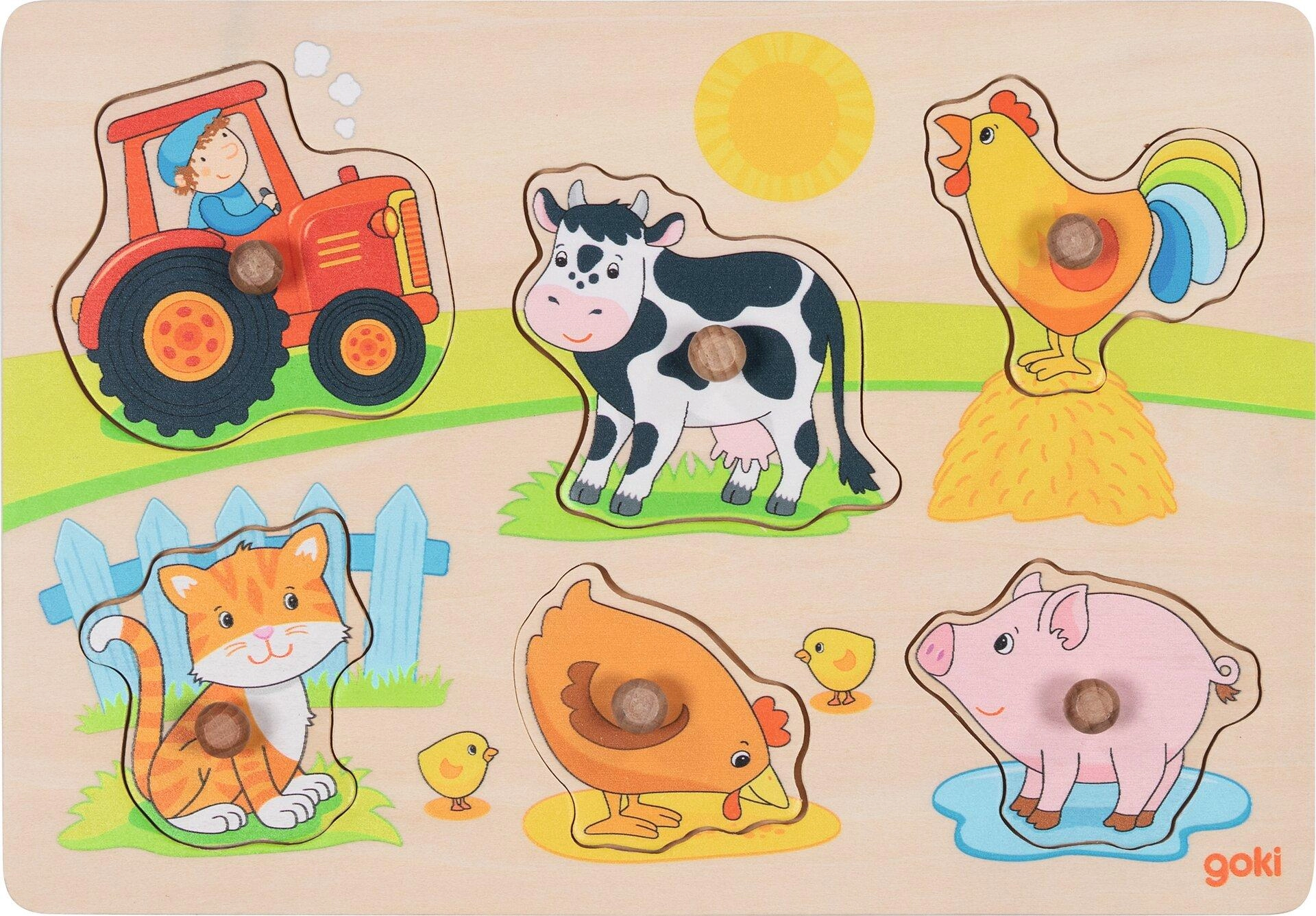 Puzzle vkládací - Na farmě dřevěné, 6ks (Goki)