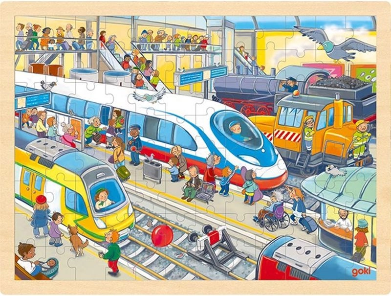Puzzle na desce - Velké A3, Vlakové nádraží, 96ks (Goki)