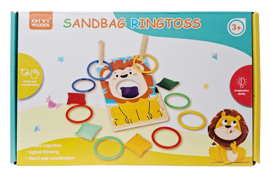 Dřevěná házecí hra s kroužky a sáčky – lvíček