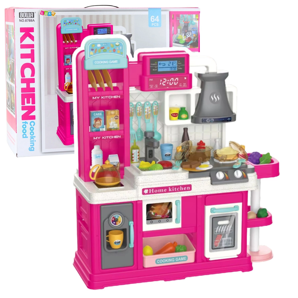 Dětská kuchyňka s oběhem vody, párou a měnící se barvou potravin, růžová, 64 dílů