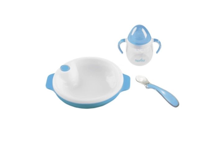 NUVITA Set termotalířku s silikonovou lžičkou a hrnečkem Pastel blue