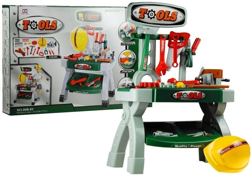 Dětský pracovní stůl s nářadím a helmou