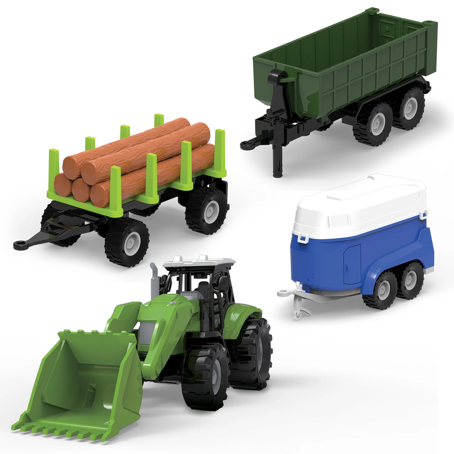 Levně FARM SERVICE set traktor s nakladačem, valníky a přívěsem se světly a zvuky