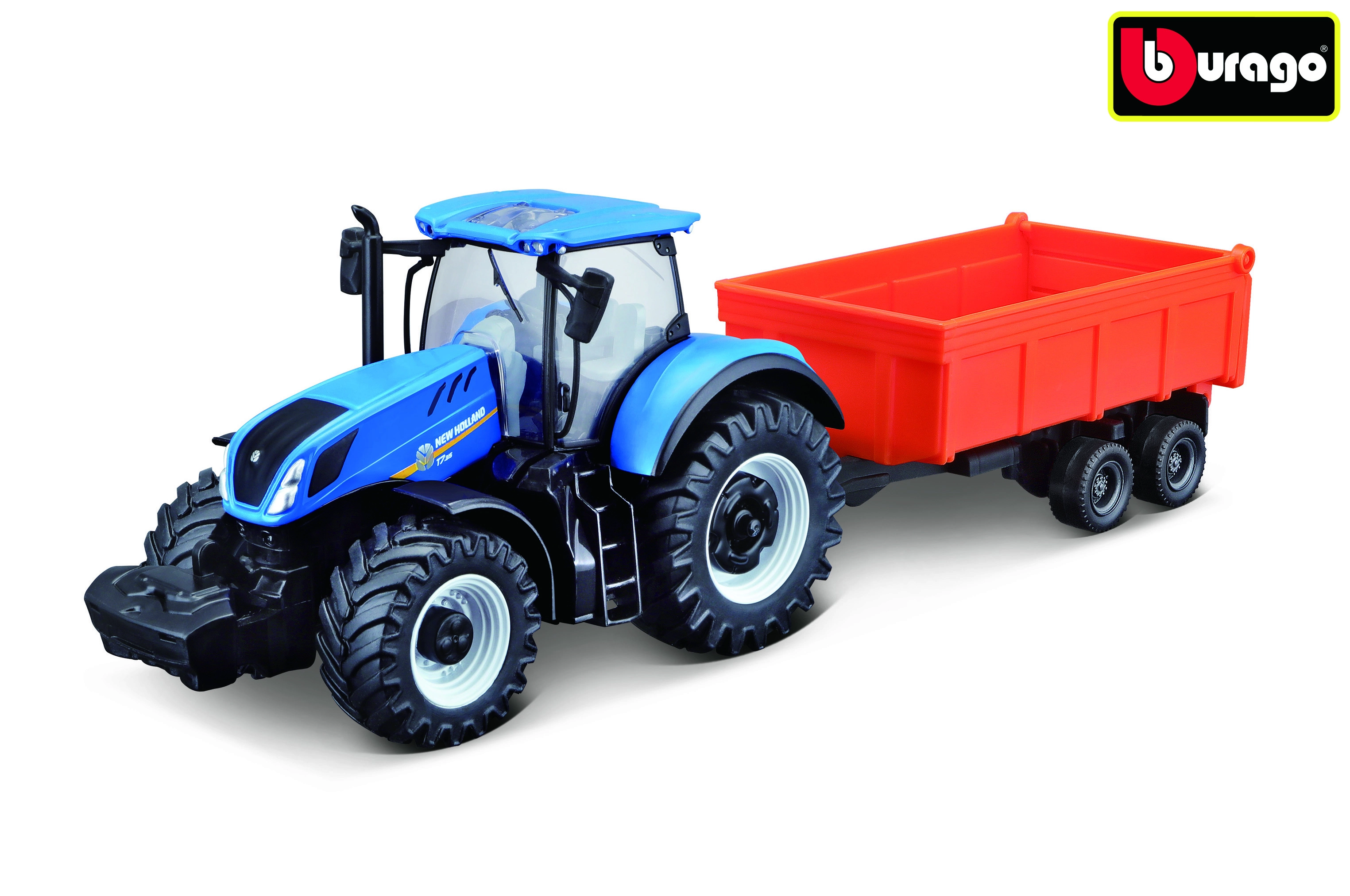 Levně Bburago Farmland traktor NEW HOLLAND T7.315 HD s vyklápěcím přívěsem 10 cm