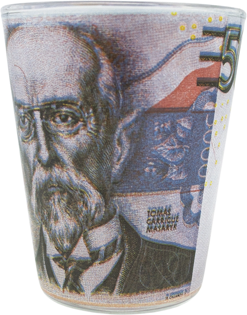 Levně Skleněný panák s motivem historické bankovky 5 Kč T. G. Masaryk