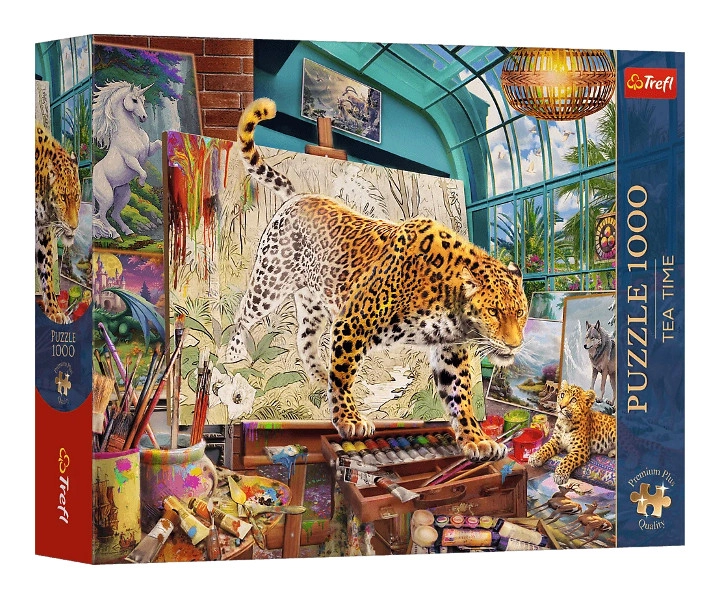 Tea Time Premium Plus puzzle 1000 dílků – leopardi v malířském ateliéru