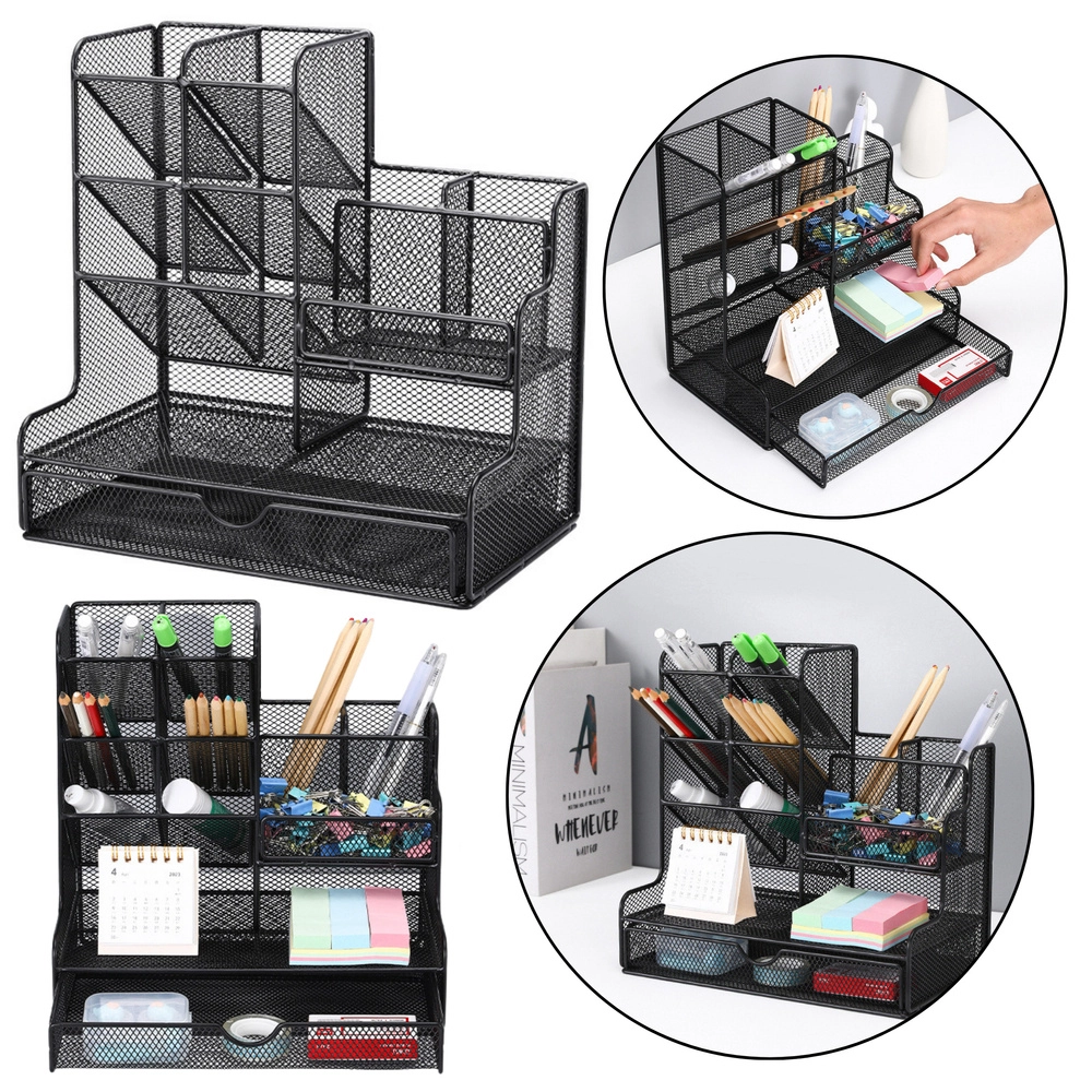 Kovový stolní organizér na kancelářské potřeby – černý