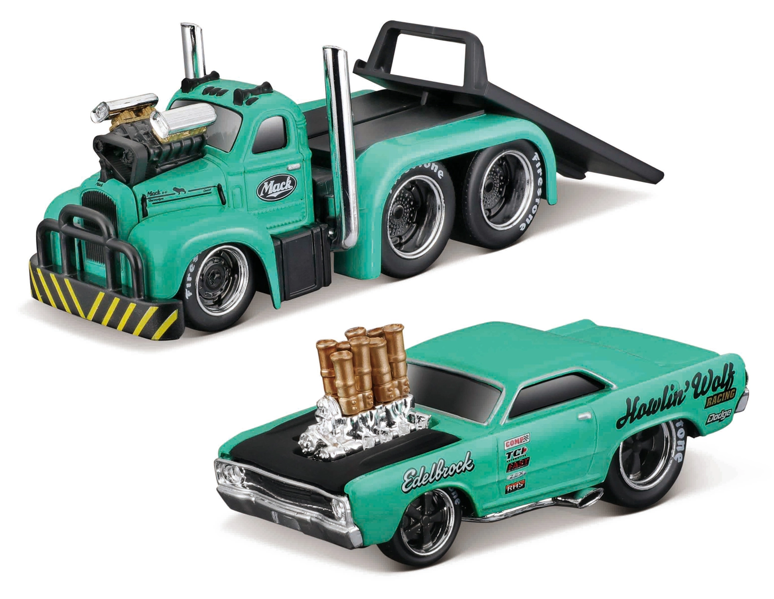 Levně MAISTO muscle Transports 1953 MACK B-61 Flatbed 1968 Dodge Dart HEMI Gasser 1:64