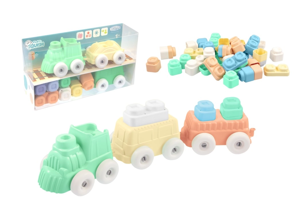 Levně Mochtoys Vláček + kostky silikonové Play&Squish 12 ks