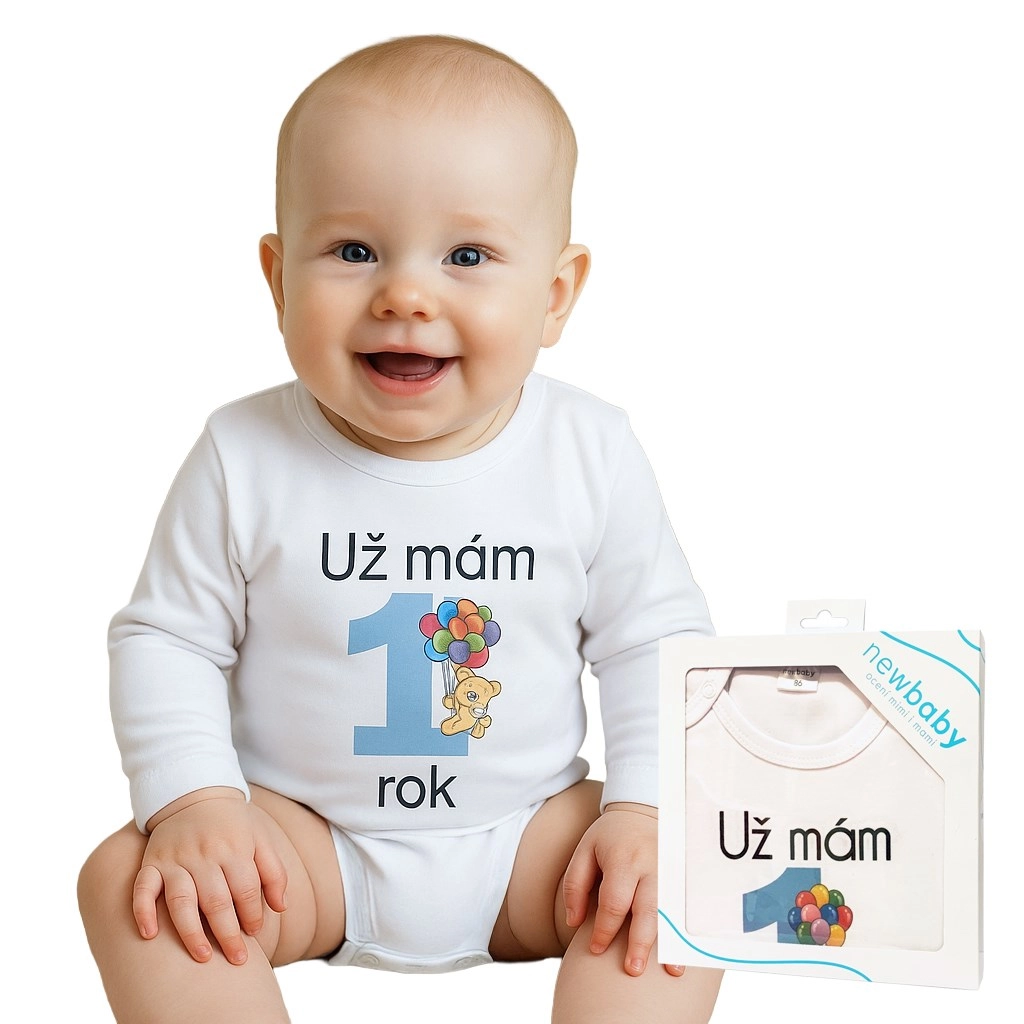 Kojenecké body New Baby Už mám 1 rok, modré – dárkové balení