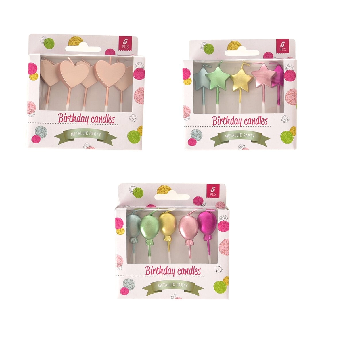 Dortové svíčky 6 cm, 5 ks (mix 3 designů)