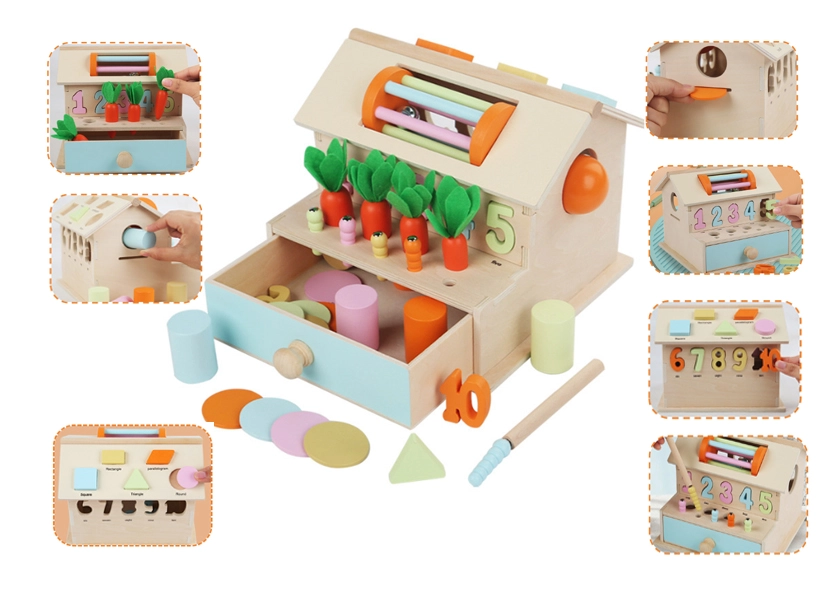 Dřevěný domeček sorter – interaktivní vzdělávací hračka pro děti od 18 měsíců