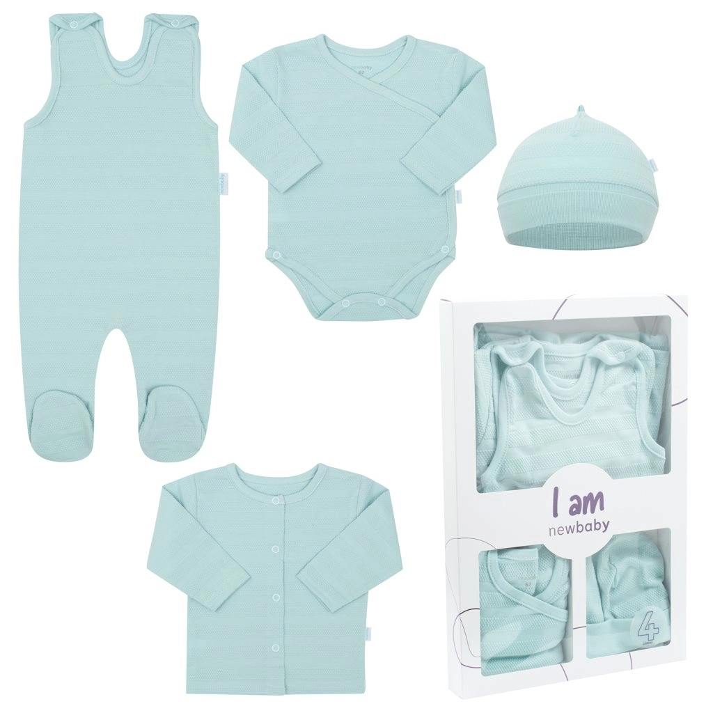 4dílná novorozenecká sada NEW BABY I AM, mentolová, vel. 56 (0–3 měsíce)