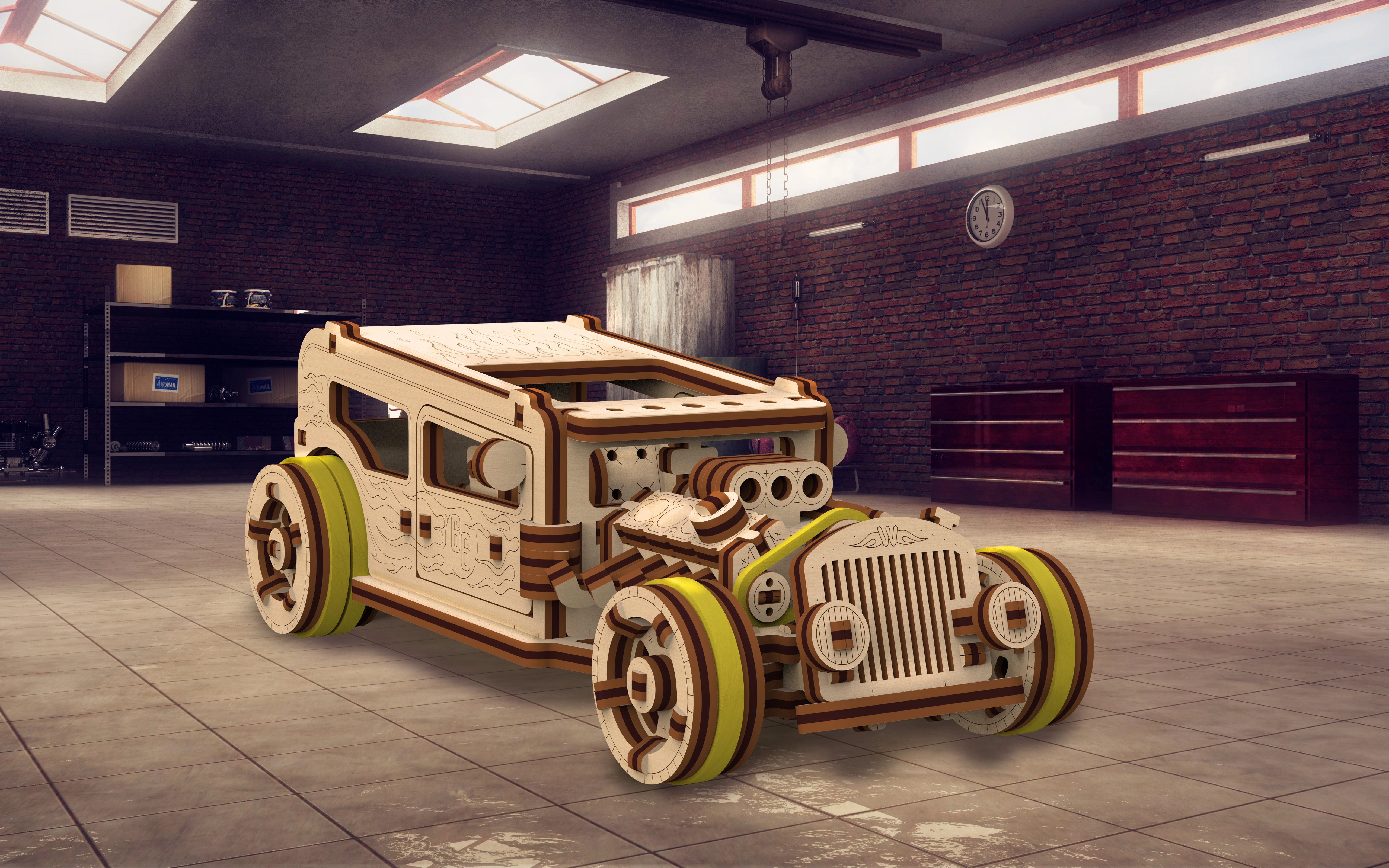 Levně Dřevěné 3D puzzle WOODEN CITY hot rod – mechanický model 141 dílů