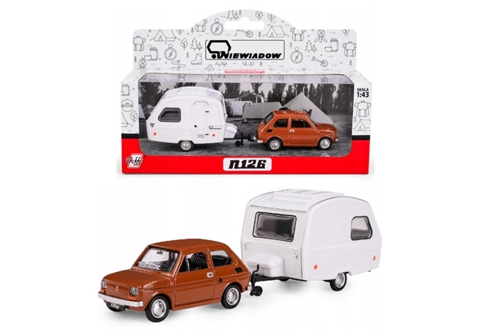 Fiat 126p s karavanovým přívěsem Niewiadów N-126 hnědý, model 1:43