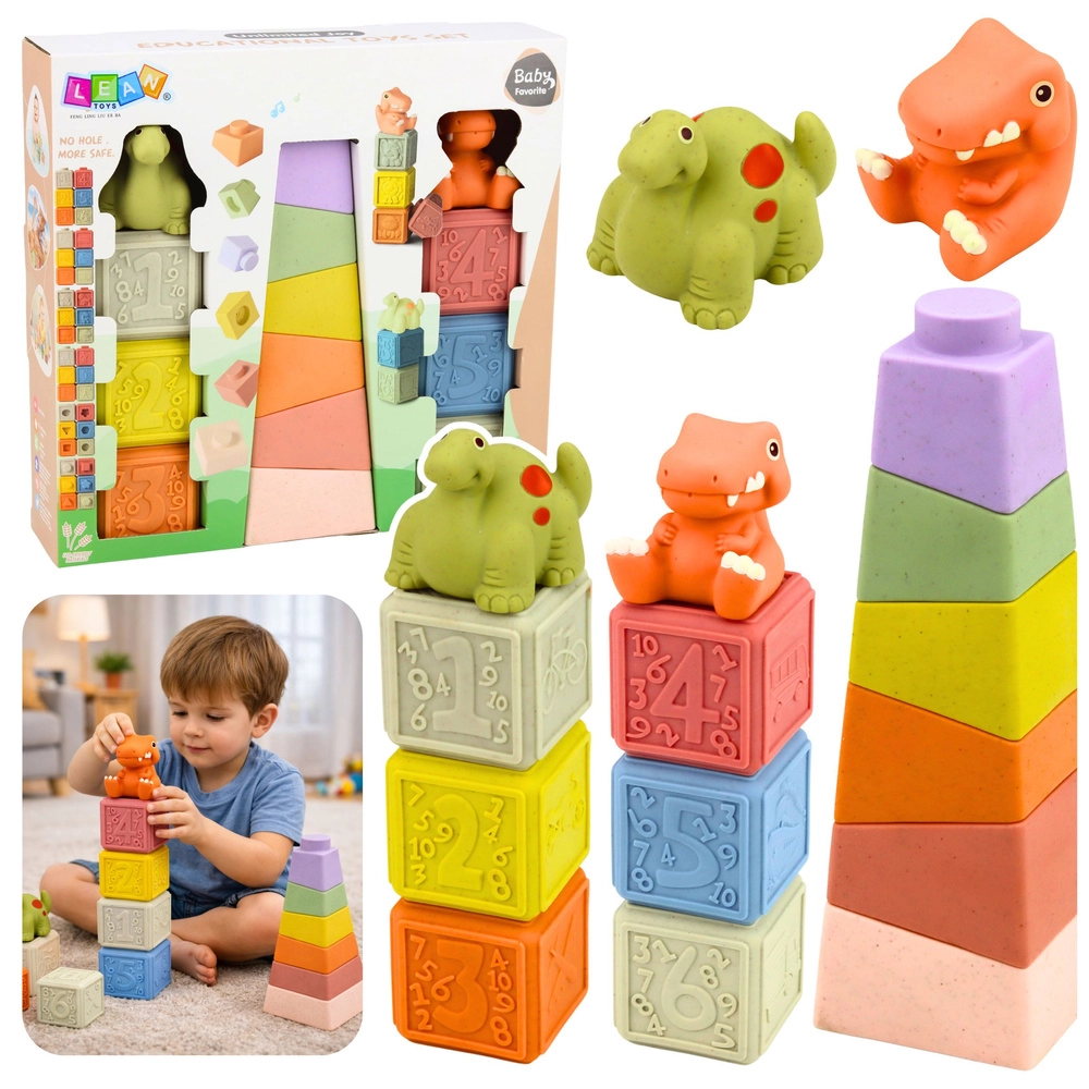 Levně Měkké senzomotorické gumové kostky a pyramida s dinosaury, 14 ks