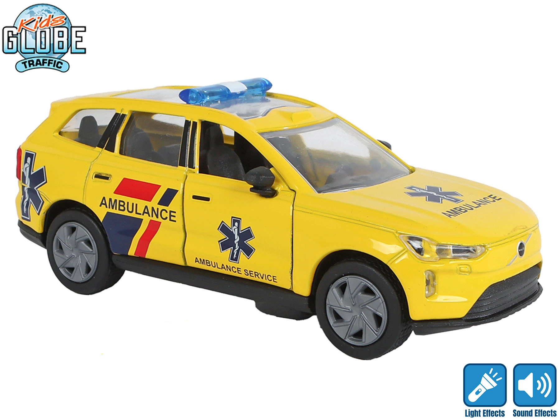 Kids Globe Traffic kovová sanitka Volvo EX90 na zpětný chod se světlem a zvukem 13,5 cm