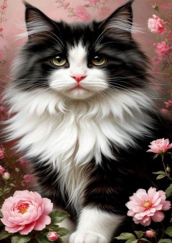 diamantové malování černobílá kočka 30 × 40 cm