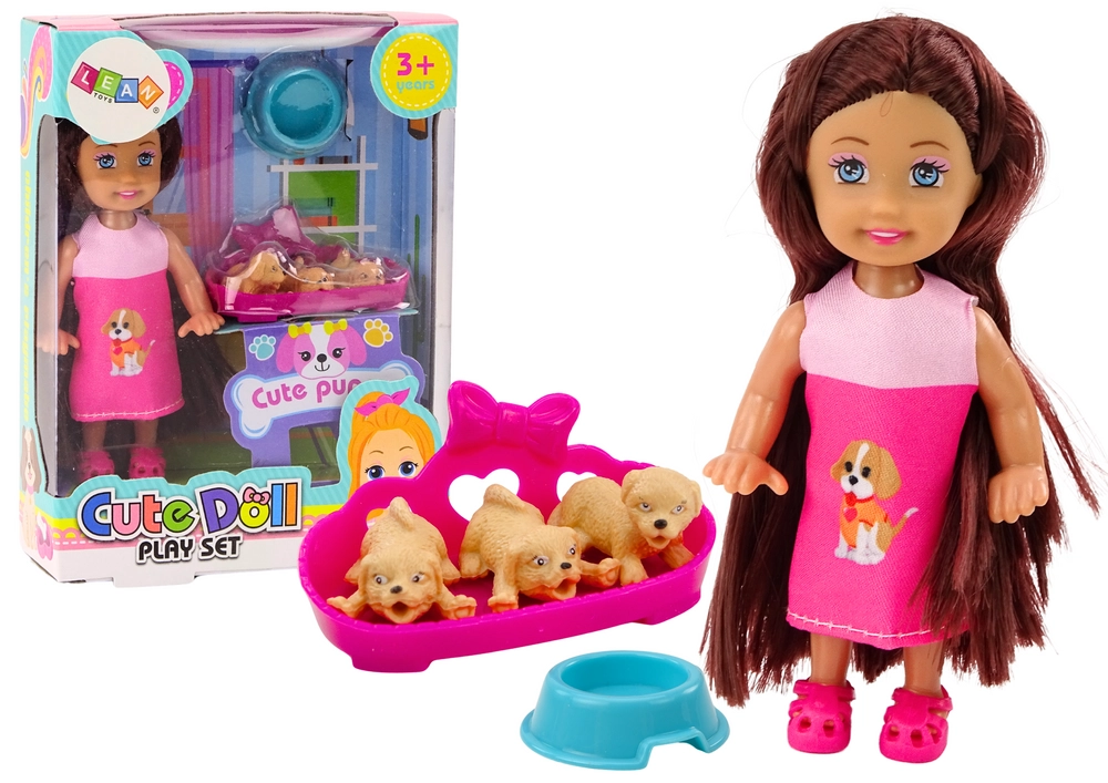 LEAN Toys Mini panenka Dlouhé vlasy Šaty Tři psi Postel