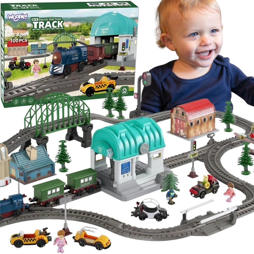 WOOPIE elektrická vláčkodráha XXL se stanicí a městečkem, 108 dílů