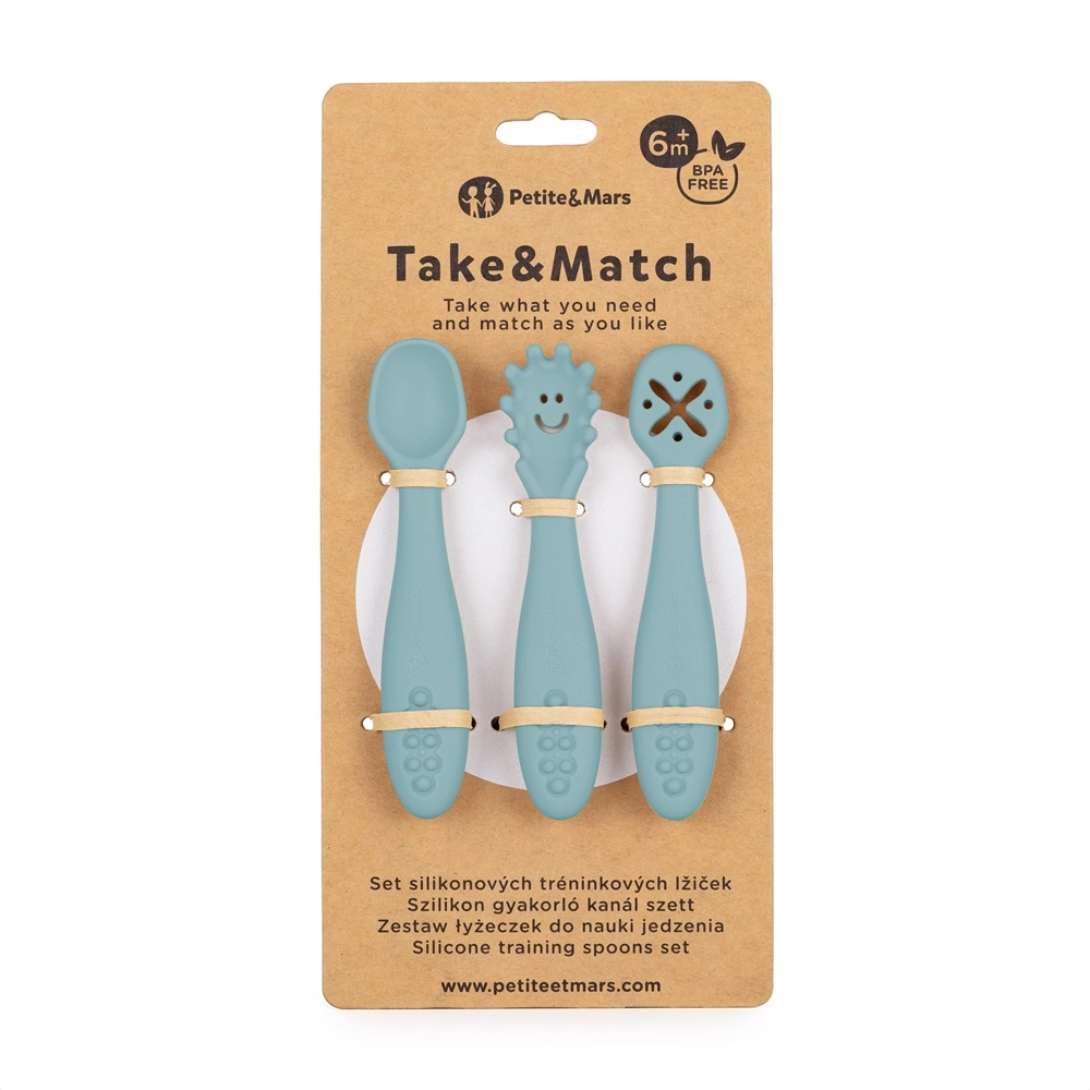 PETITE&MARS Set 3 ks silikonových tréninkových lžiček Take&Match Frosted Sky 6m+