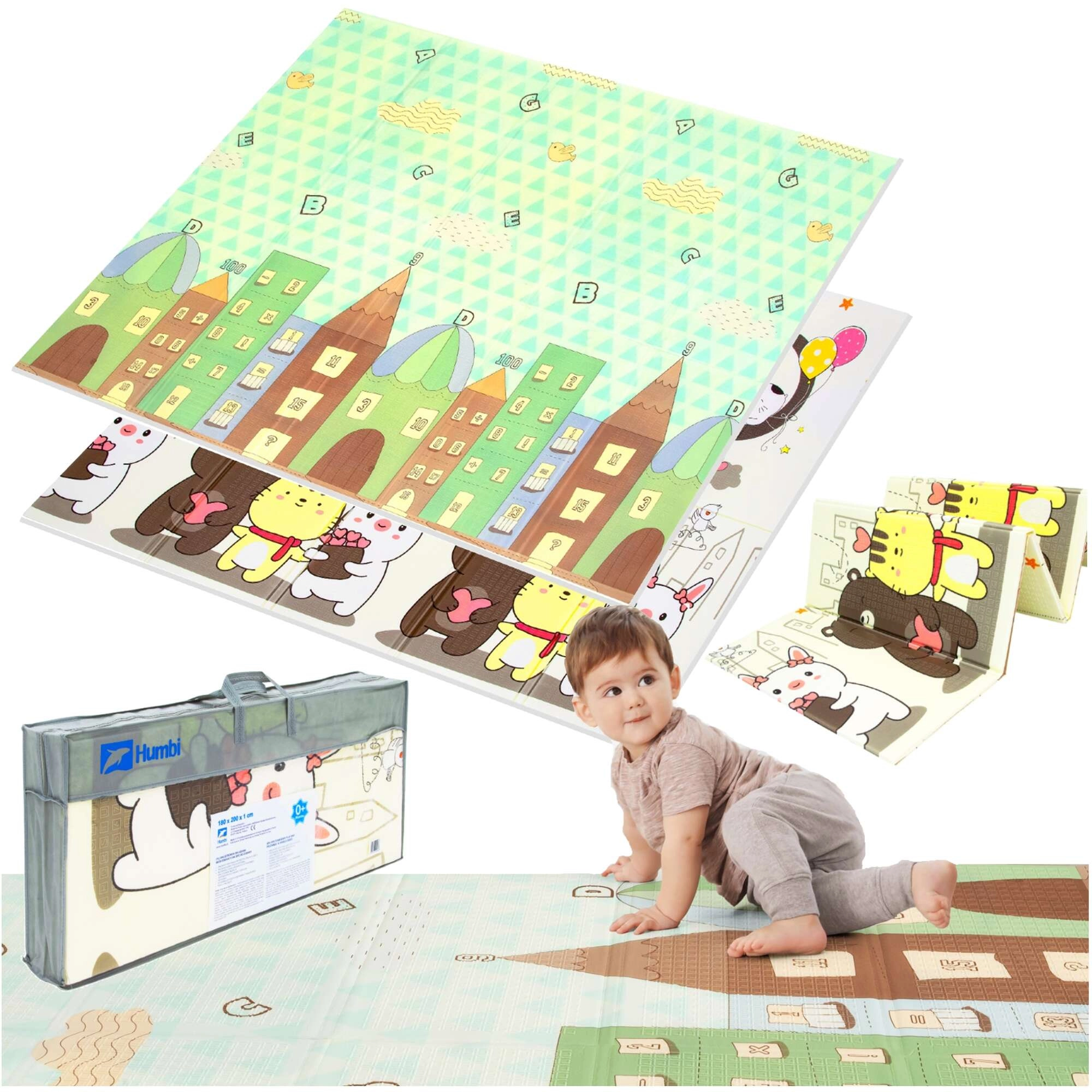 Dvouvrstvá skládací pěnová hrací podložka HUMBI 200 × 180 × 1 cm – město, zvířátka
