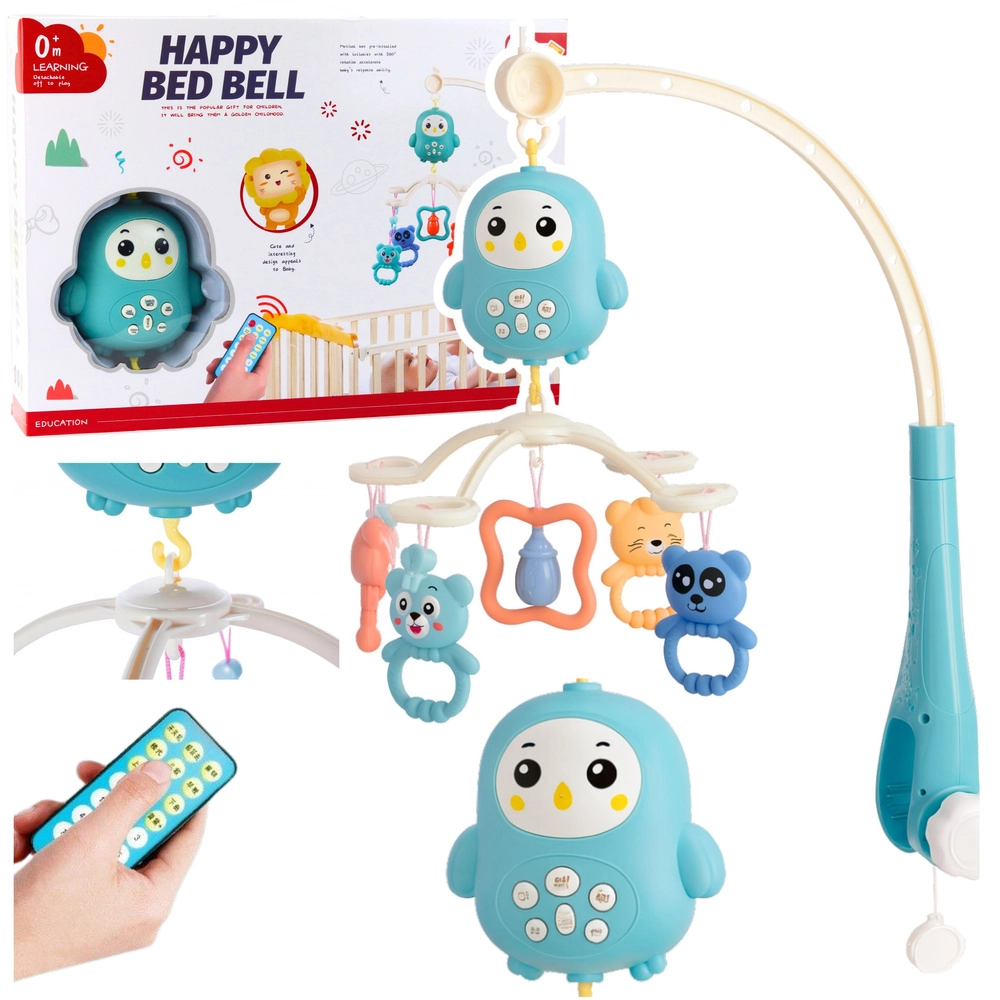 Hudební kolotoč nad postýlku s lampičkou a chrastítky – modrý