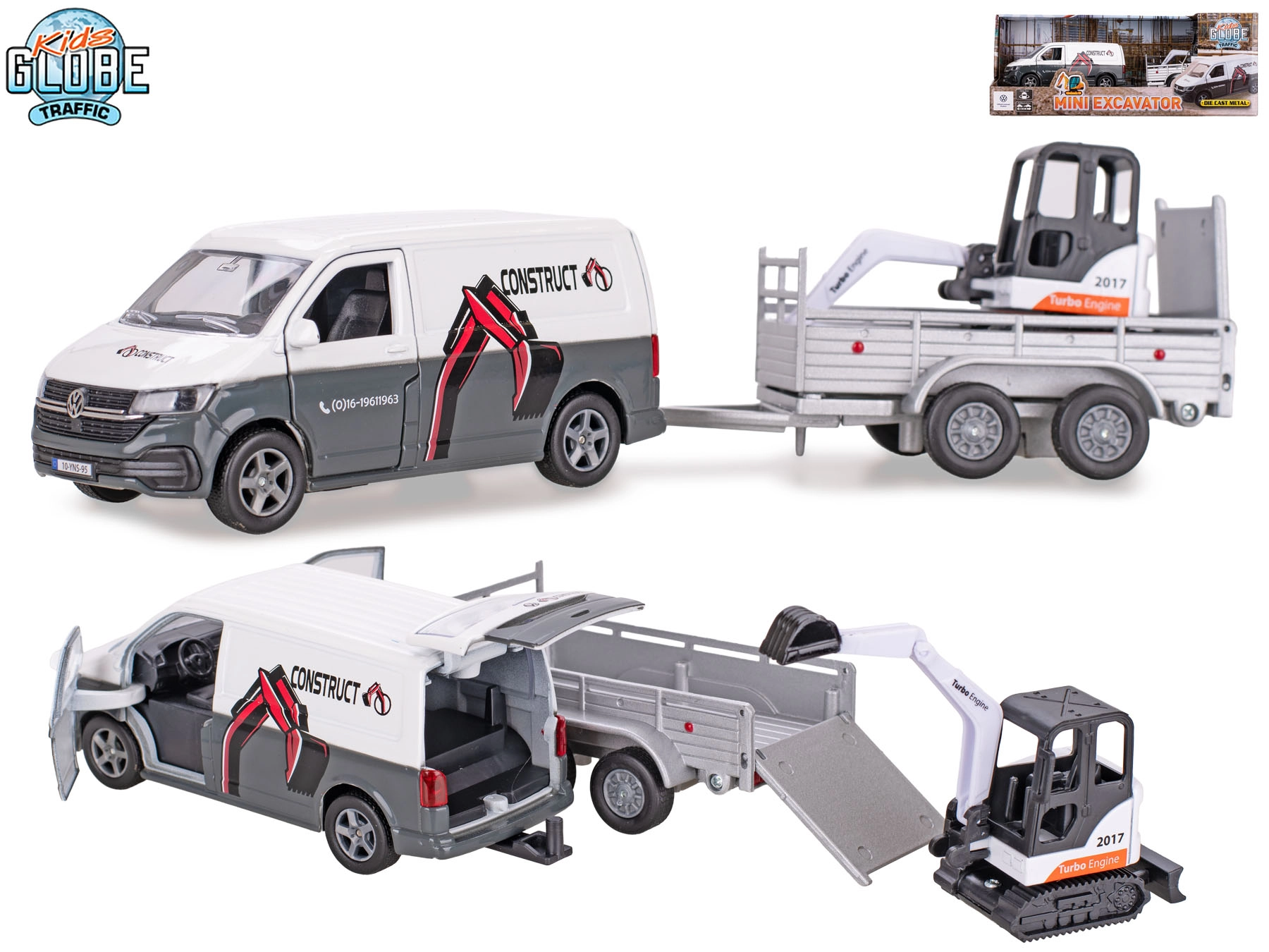 Kids Globe Traffic VW Transporter s přívěsem a minibagrem